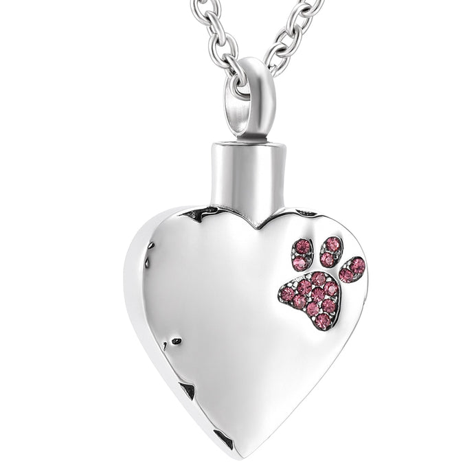 Stainless Steel Pet Paw Print Inlay Heart Crystal