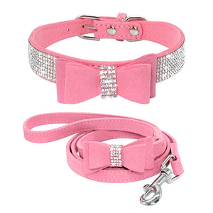 Leather Dog Collar & Leash Set Crystal