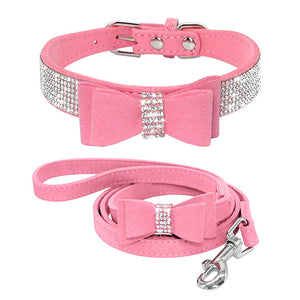 Leather Dog Collar & Leash Set Crystal