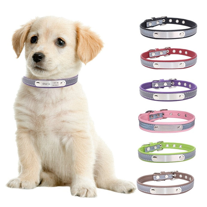 Reflective Leather Personalized Engraved Dog Collar